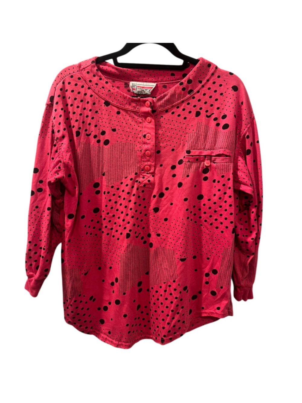 VTG 80s 90s Resource Pink Polka Dot Henley Shirt Cotton Blend Long Sleeve Small